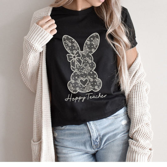 "Hoppy Teacher" Faux Embroidery Teacher T-shirt - Teacher Care Crate - T-Shirt