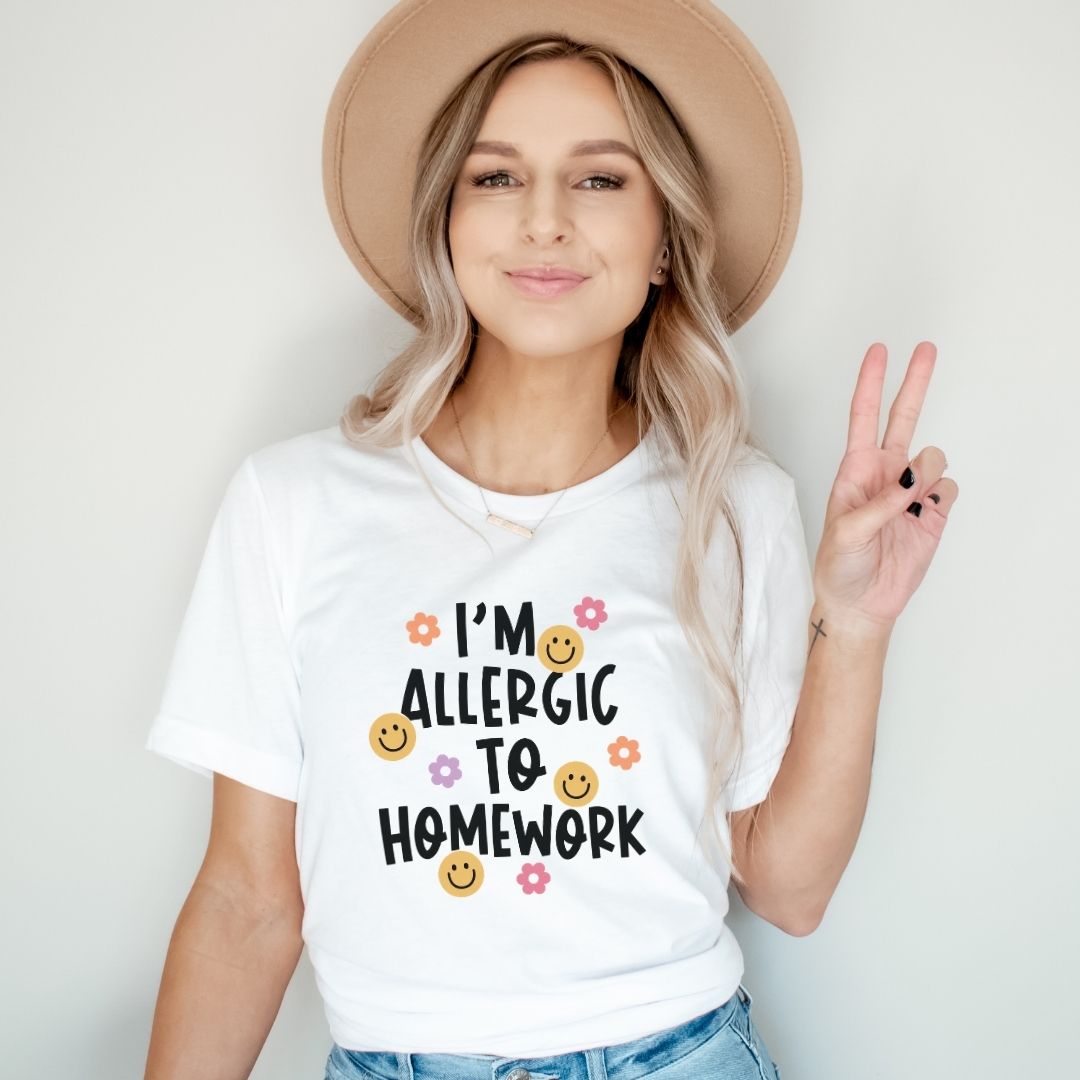 "I'm Allergic to Homework" Funny Teacher T-shirt - Teacher Care Crate-T-Shirt