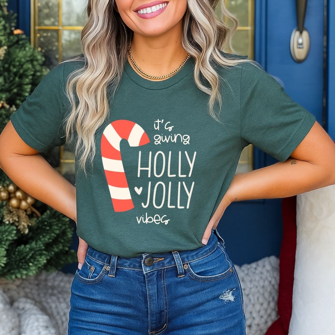 "It's Giving Holly Jolly Vibes" Candycane Teacher Shirt - Teacher Care Crate - T-Shirt