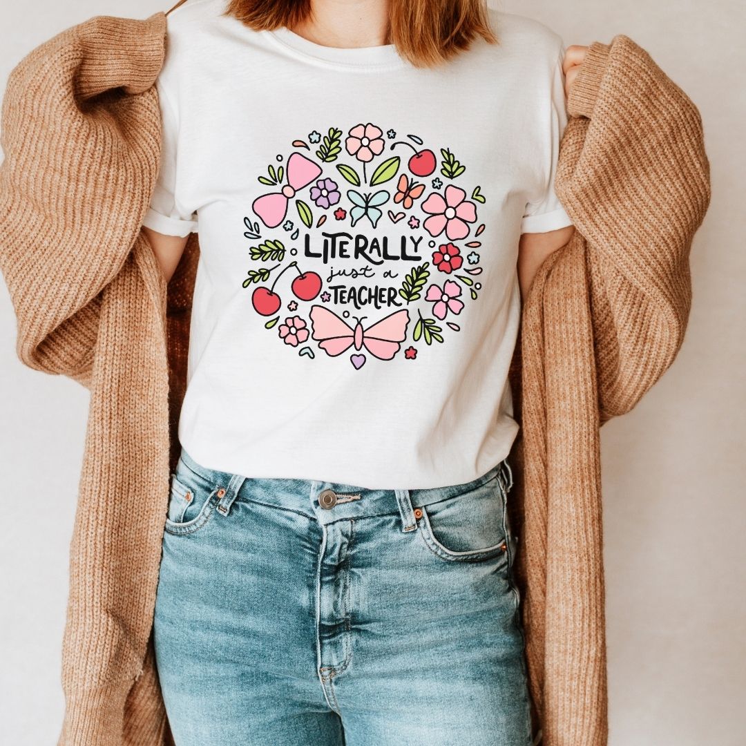"Literally Just A Teacher" Doodles Teacher T-shirt - Teacher Care Crate-T-Shirt