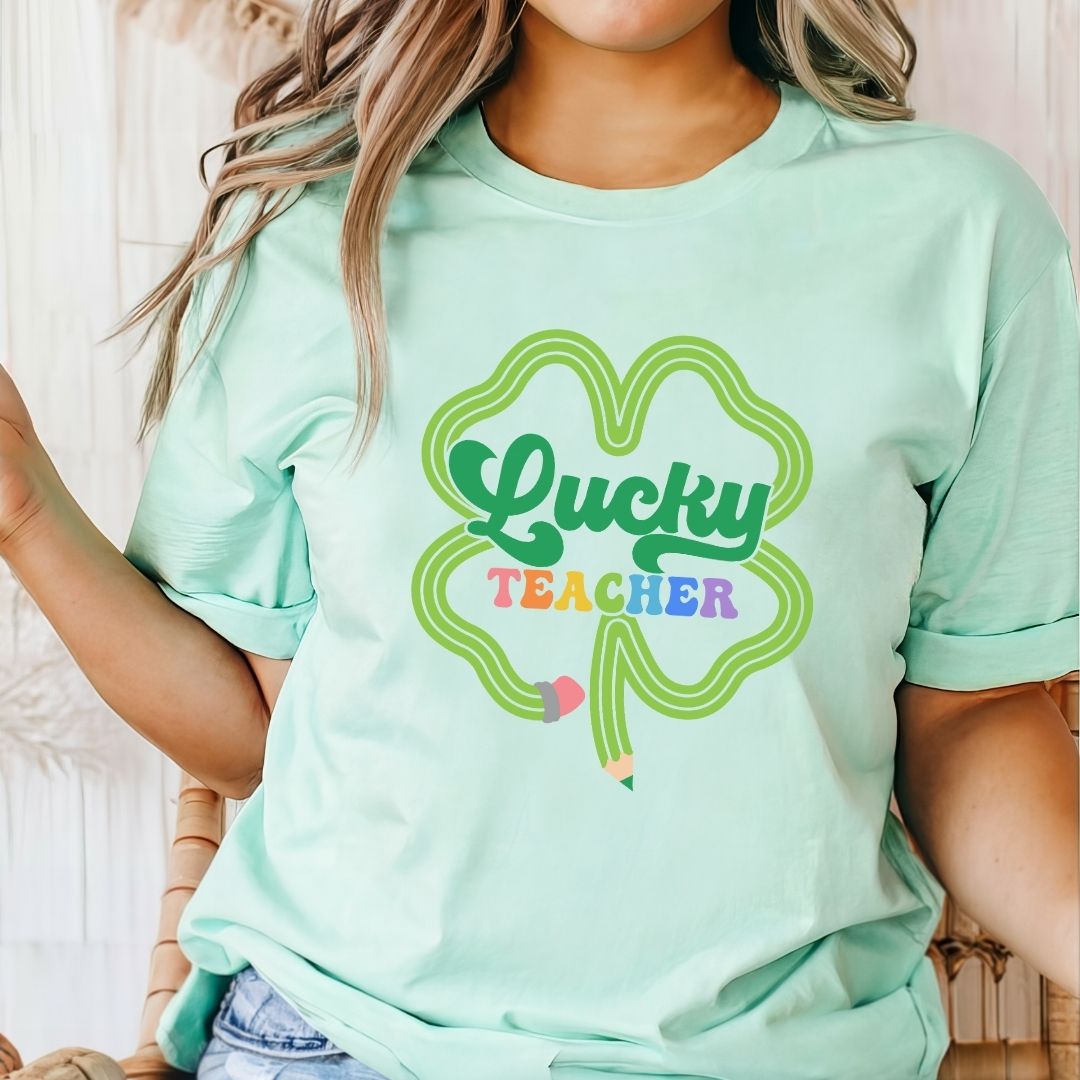 "Lucky Teacher" Pencil - Shamrock Teacher T-shirt - Teacher Care Crate - T-Shirt