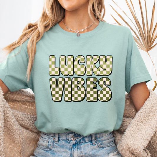 "Lucky Vibes" Checkered Teacher T-shirt - Teacher Care Crate - T-Shirt