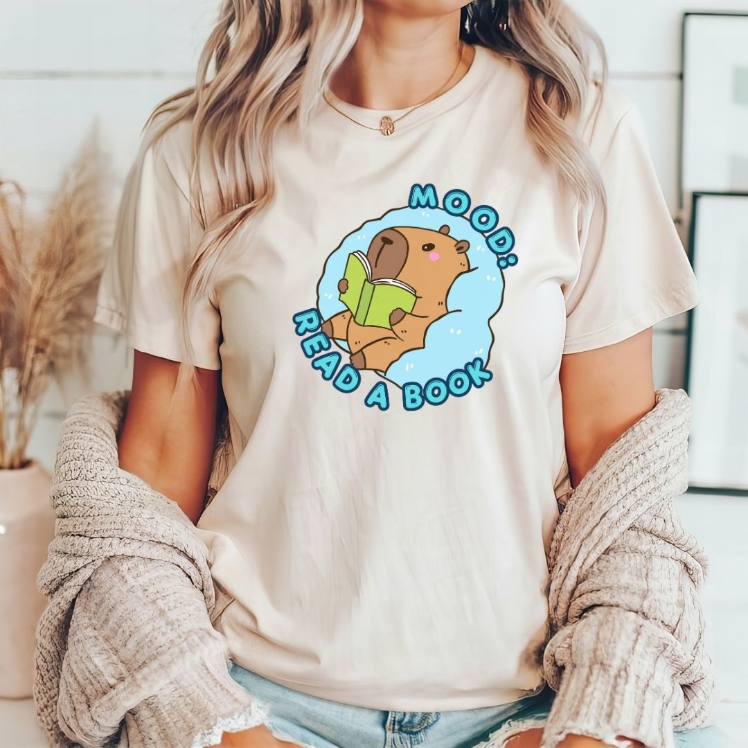 "MOOD: Read A Book" Capybara Teacher T-shirt - Teacher Care Crate-T-Shirt