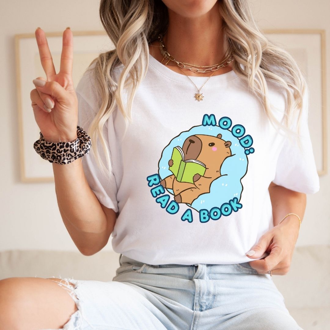 "MOOD: Read A Book" Capybara Teacher T-shirt - Teacher Care Crate-T-Shirt