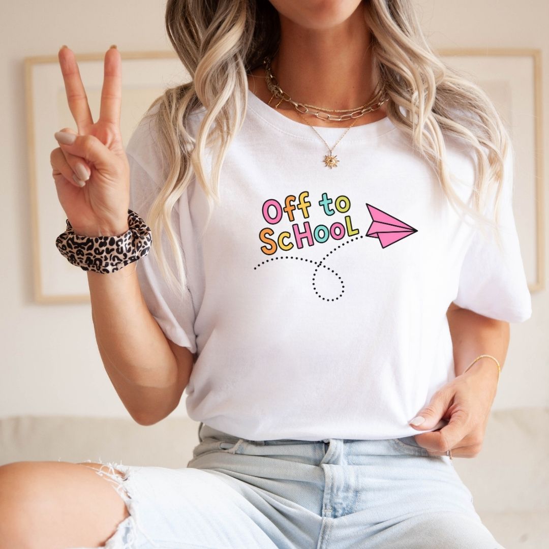 "Off to School" Paper Airplane Teacher T-shirt - Teacher Care Crate-T-Shirt