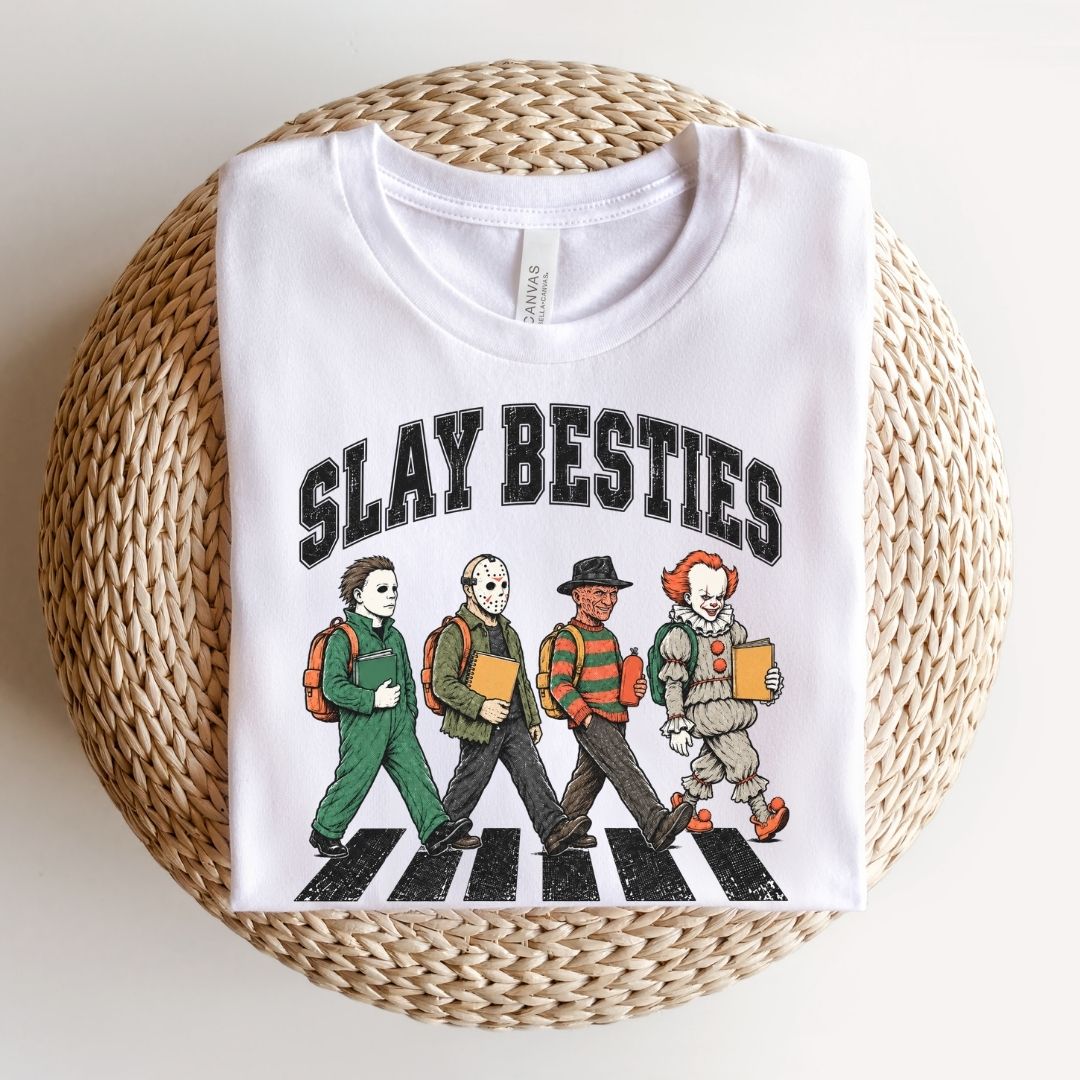"Slay Besties Horror" Funny Halloween Teacher T-shirt - Teacher Care Crate-T-Shirt