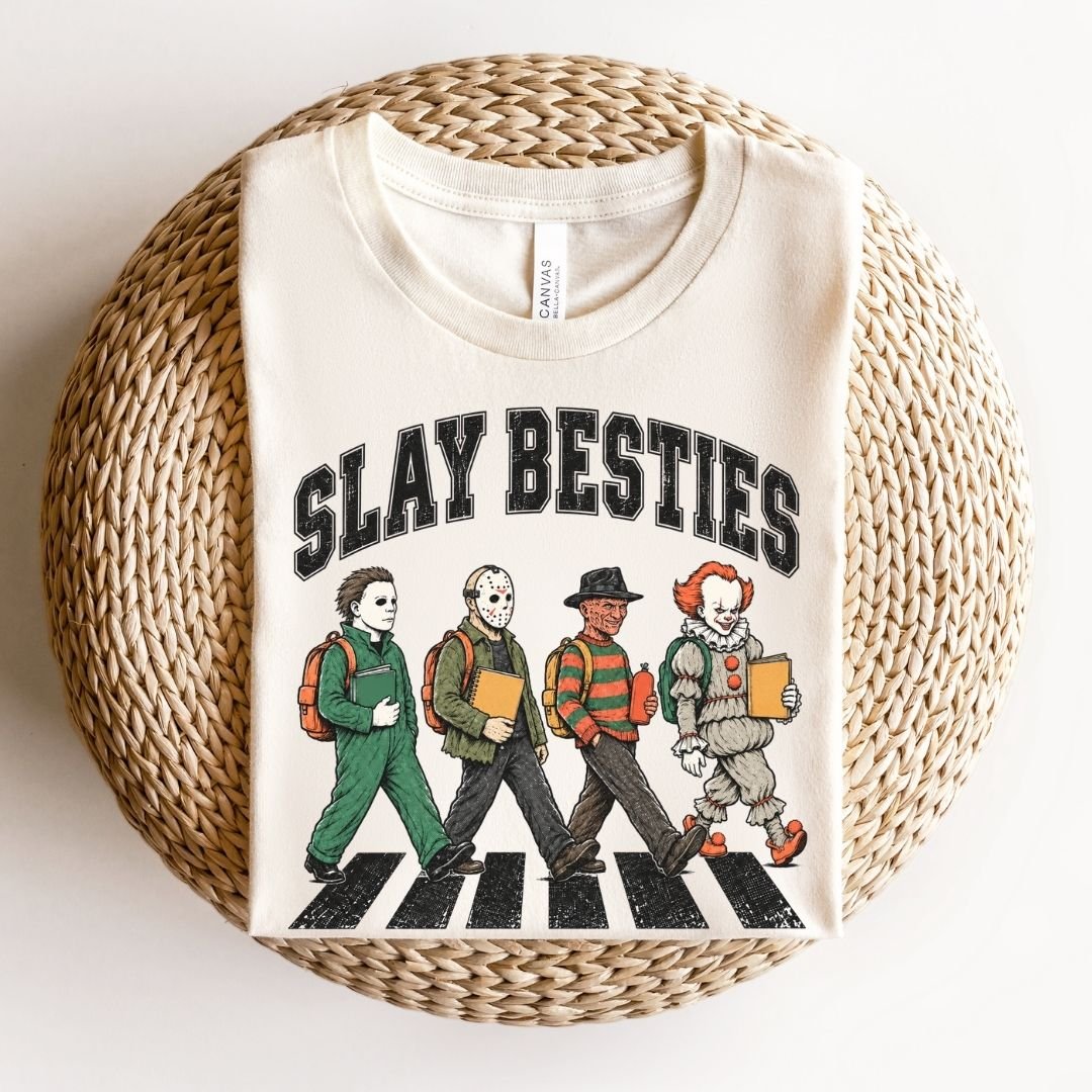 "Slay Besties Horror" Funny Halloween Teacher T-shirt - Teacher Care Crate-T-Shirt