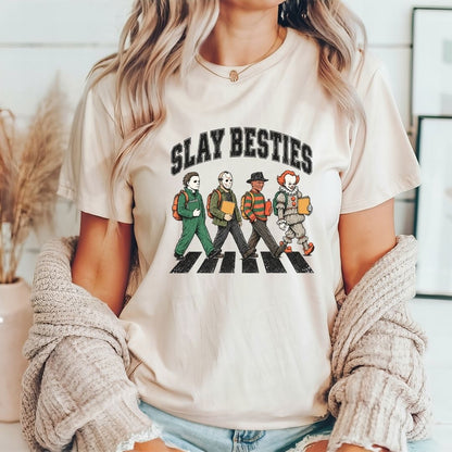 "Slay Besties Horror" Funny Halloween Teacher T-shirt - Teacher Care Crate-T-Shirt