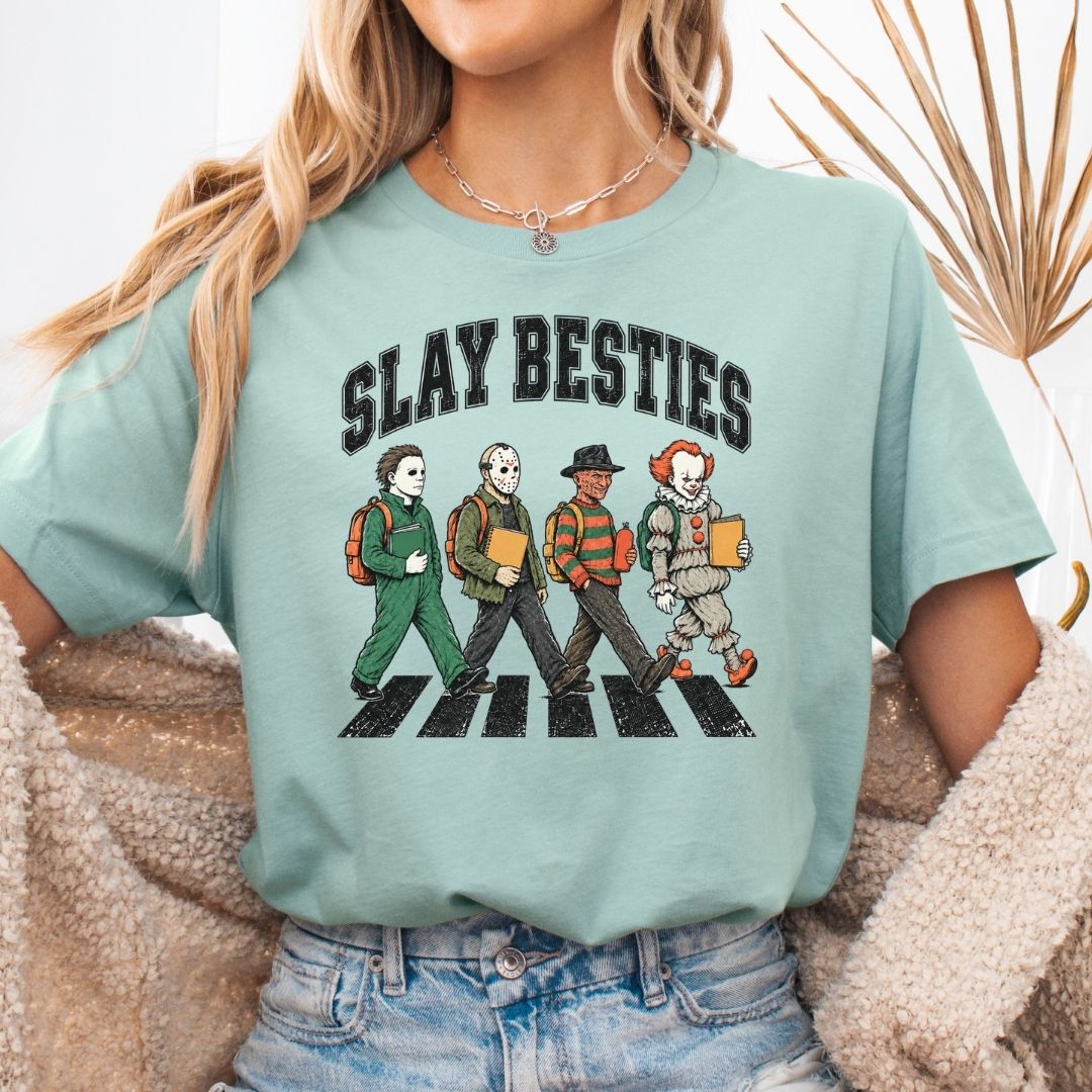 "Slay Besties Horror" Funny Halloween Teacher T-shirt - Teacher Care Crate-T-Shirt
