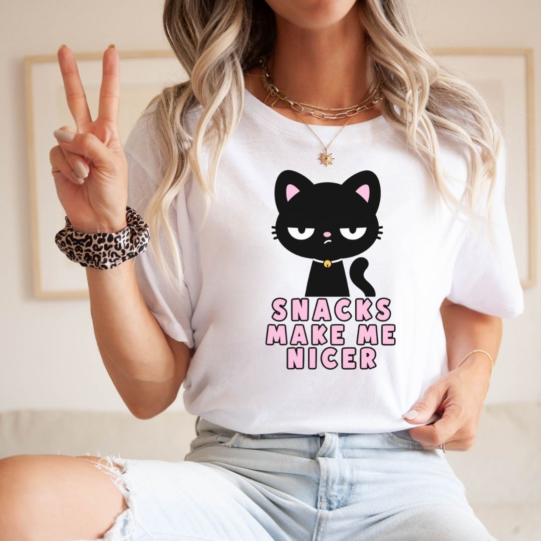 "Snacks Make Me Nicer" Black Cat Teacher T-shirt - Teacher Care Crate-T-Shirt