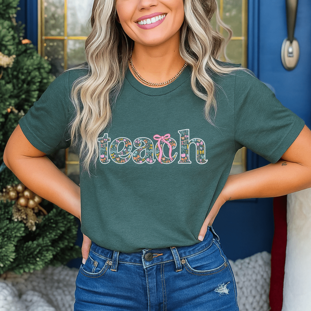 "Teach" Coquette Pattern Teacher T-shirt - Teacher Care Crate - T-Shirt