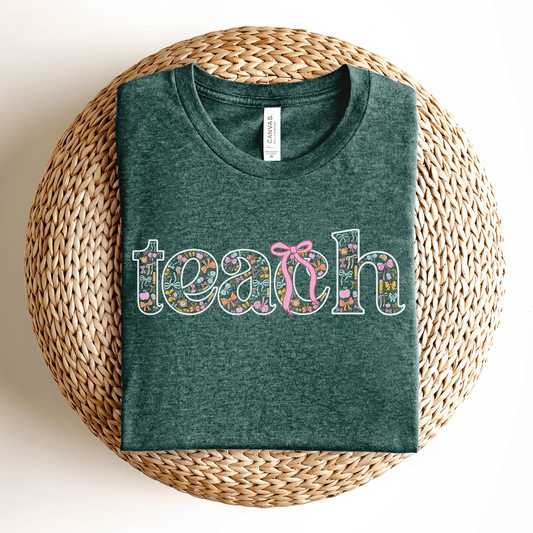 "Teach" Coquette Pattern Teacher T-shirt - Teacher Care Crate - T-Shirt