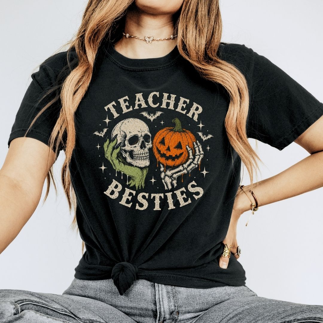 "Teacher Besties" Halloween Hands Teacher T-shirt - Teacher Care Crate-T-Shirt