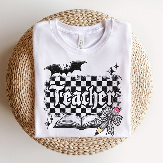 "Teacher" Checkered Halloween Teacher T-shirt - Teacher Care Crate-T-Shirt