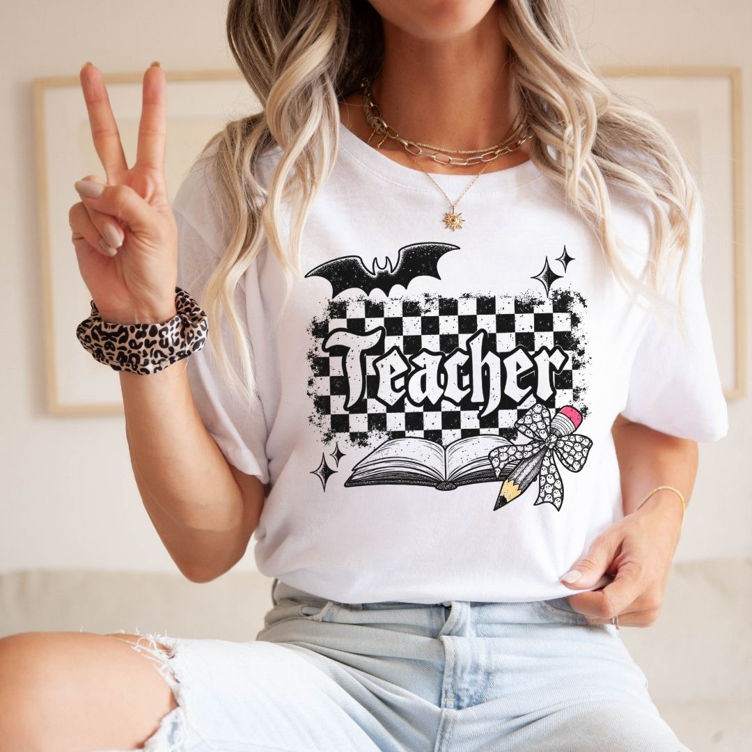 "Teacher" Checkered Halloween Teacher T-shirt - Teacher Care Crate-T-Shirt