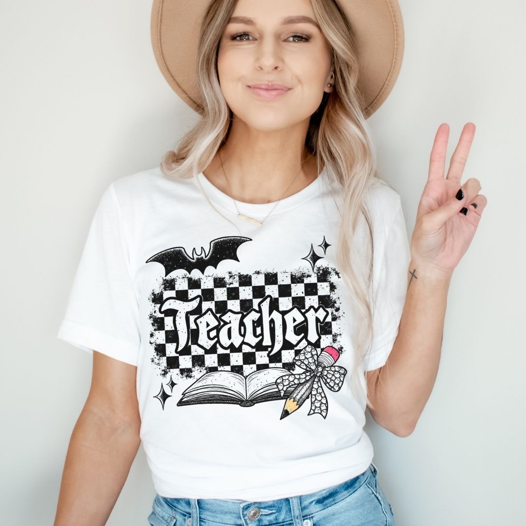 "Teacher" Checkered Halloween Teacher T-shirt - Teacher Care Crate-T-Shirt