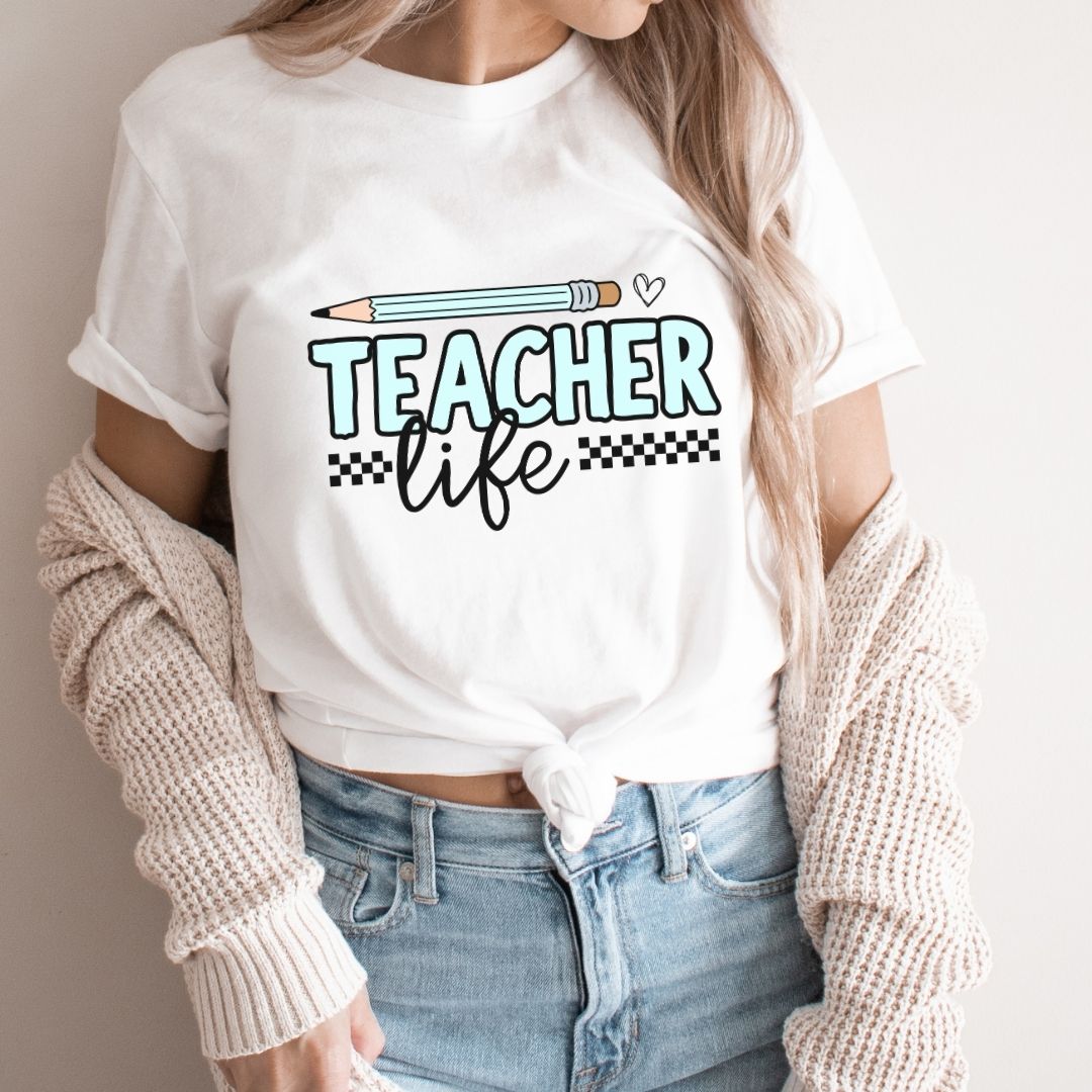 "Teacher Life" Light Blue Pencil Teacher T-shirt
