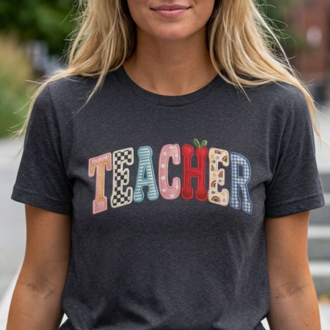 "Teacher" Mixed Patches Teacher T-shirt - Teacher Care Crate-T-Shirt