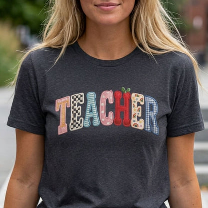 "Teacher" Mixed Patches Teacher T-shirt - Teacher Care Crate-T-Shirt