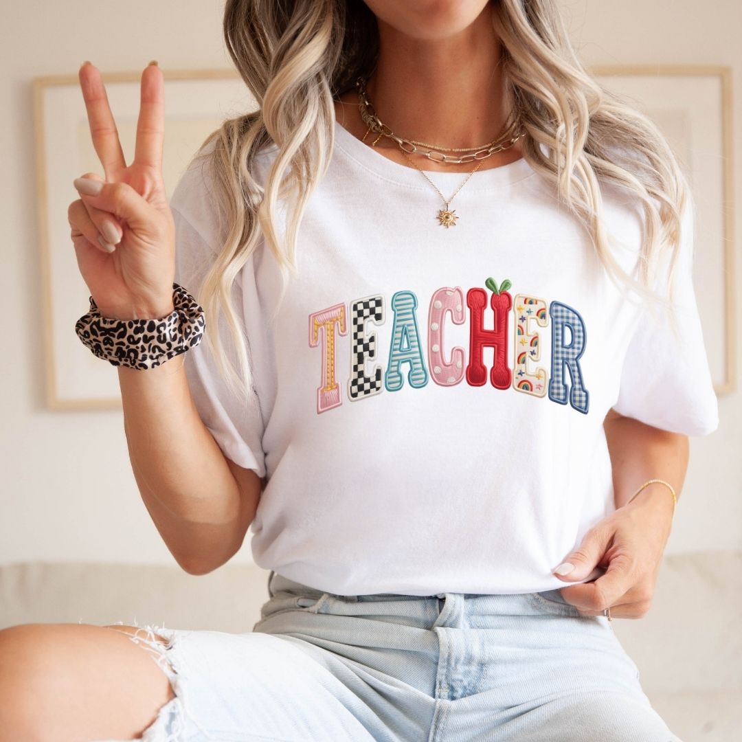 "Teacher" Mixed Patches Teacher T-shirt - Teacher Care Crate-T-Shirt
