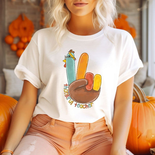 "Thankful Teacher Turkey Hand" Thanksgiving Teacher T-shirt - Teacher Care Crate - T-Shirt