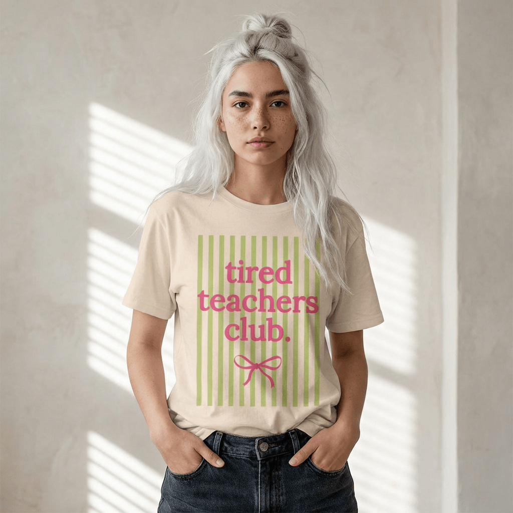 "Tired Teachers Club" Striped Teacher T-shirt - Teacher Care Crate - T-Shirt
