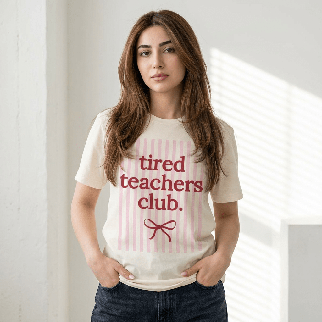 "Tired Teachers Club" Striped Teacher T-shirt - Teacher Care Crate - T-Shirt