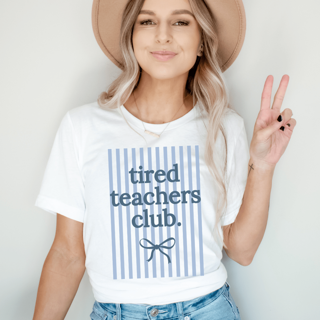 "Tired Teachers Club" Striped Teacher T-shirt - Teacher Care Crate - T-Shirt