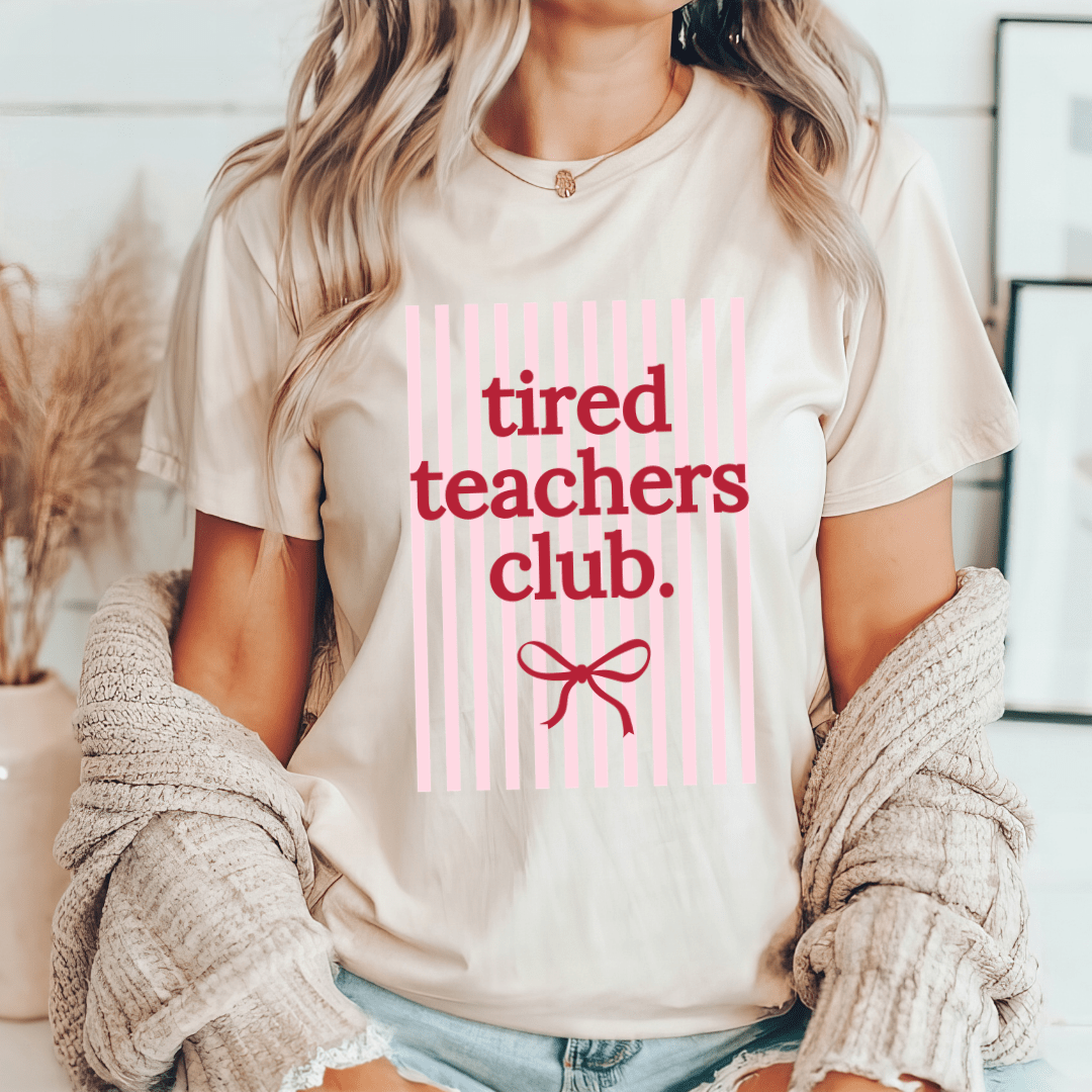 "Tired Teachers Club" Striped Teacher T-shirt - Teacher Care Crate - T-Shirt
