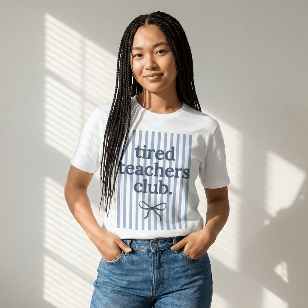 "Tired Teachers Club" Striped Teacher T-shirt - Teacher Care Crate - T-Shirt