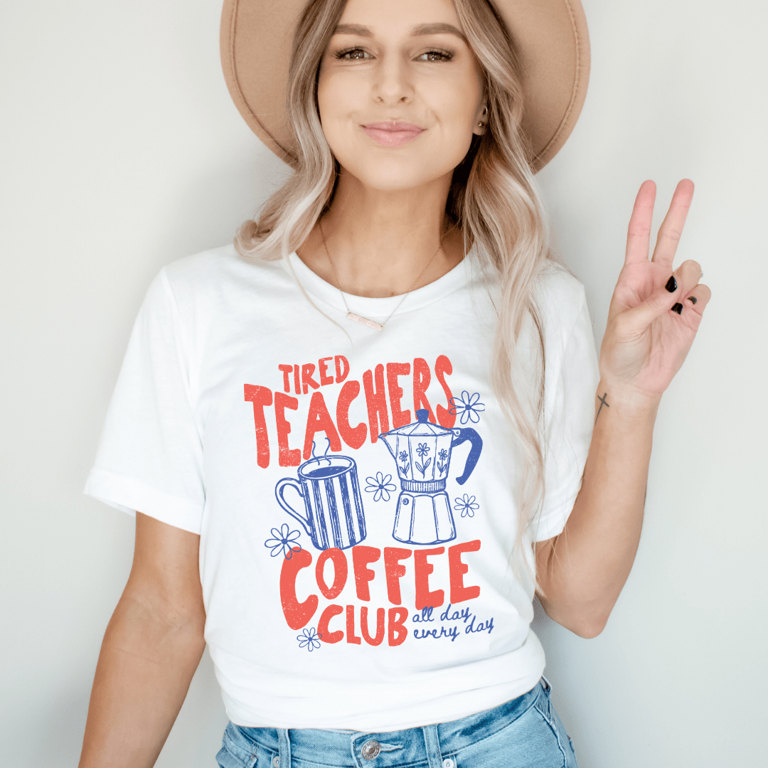 "Tired Teachers Coffee Club" Distressed Teacher T-shirt - Teacher Care Crate - T-Shirt