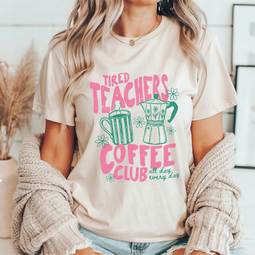 "Tired Teachers Coffee Club" Distressed Teacher T-shirt - Teacher Care Crate - T-Shirt