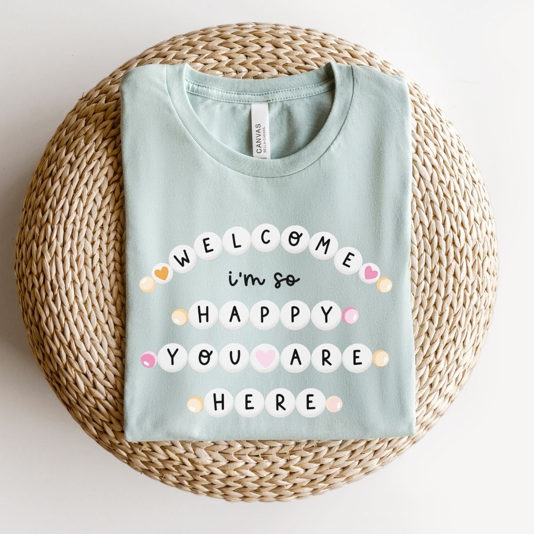 "Welcome I'm So Happy You Are Here" Friendship Bracelets Teacher T-shirt - Teacher Care Crate-T-Shirt
