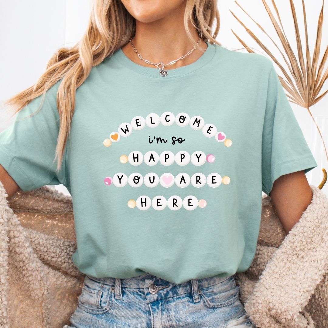 "Welcome I'm So Happy You Are Here" Friendship Bracelets Teacher T-shirt - Teacher Care Crate-T-Shirt
